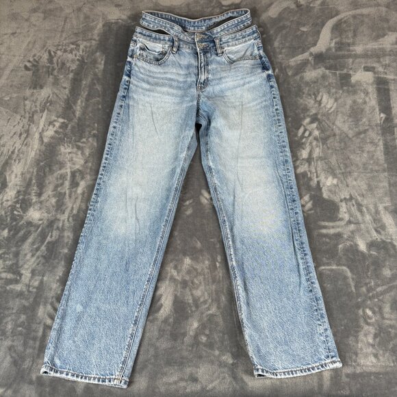 American Eagle SUPER HIGH-RISE BAGGY STRAIGHT Jeans Women’s Size 6 Blue Strigid - Picture 1 of 11